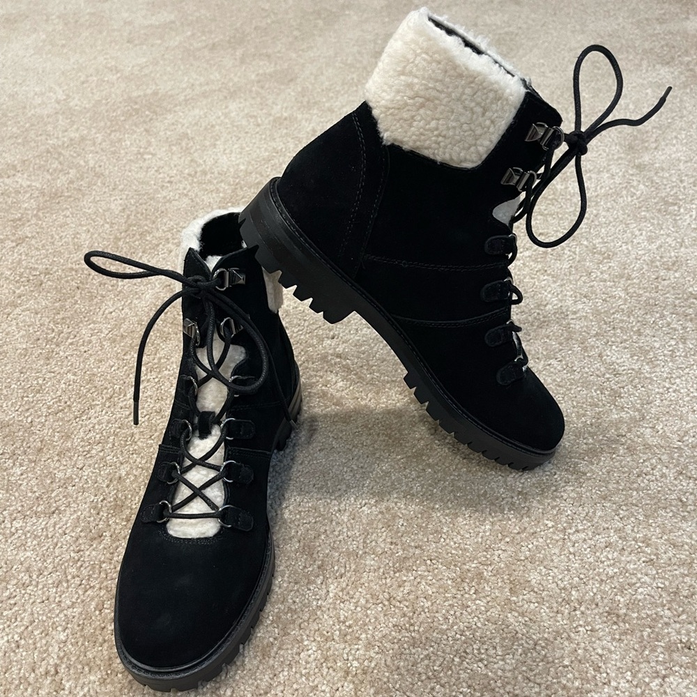 Marc Fisher Black Lace-Up Shearling Trim Boots